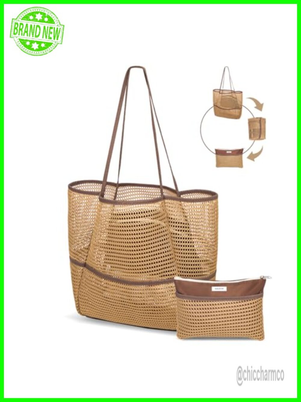 2-in-1 Packable Mesh Beach Tote Bag Large Lightweight Foldable Travel